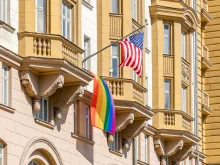 U.S. embassy in Moscow displays LGBT "Pride" flag. Embassies will be allowed to fly the rainbow flag on the same flagpole as the U.S. flag.